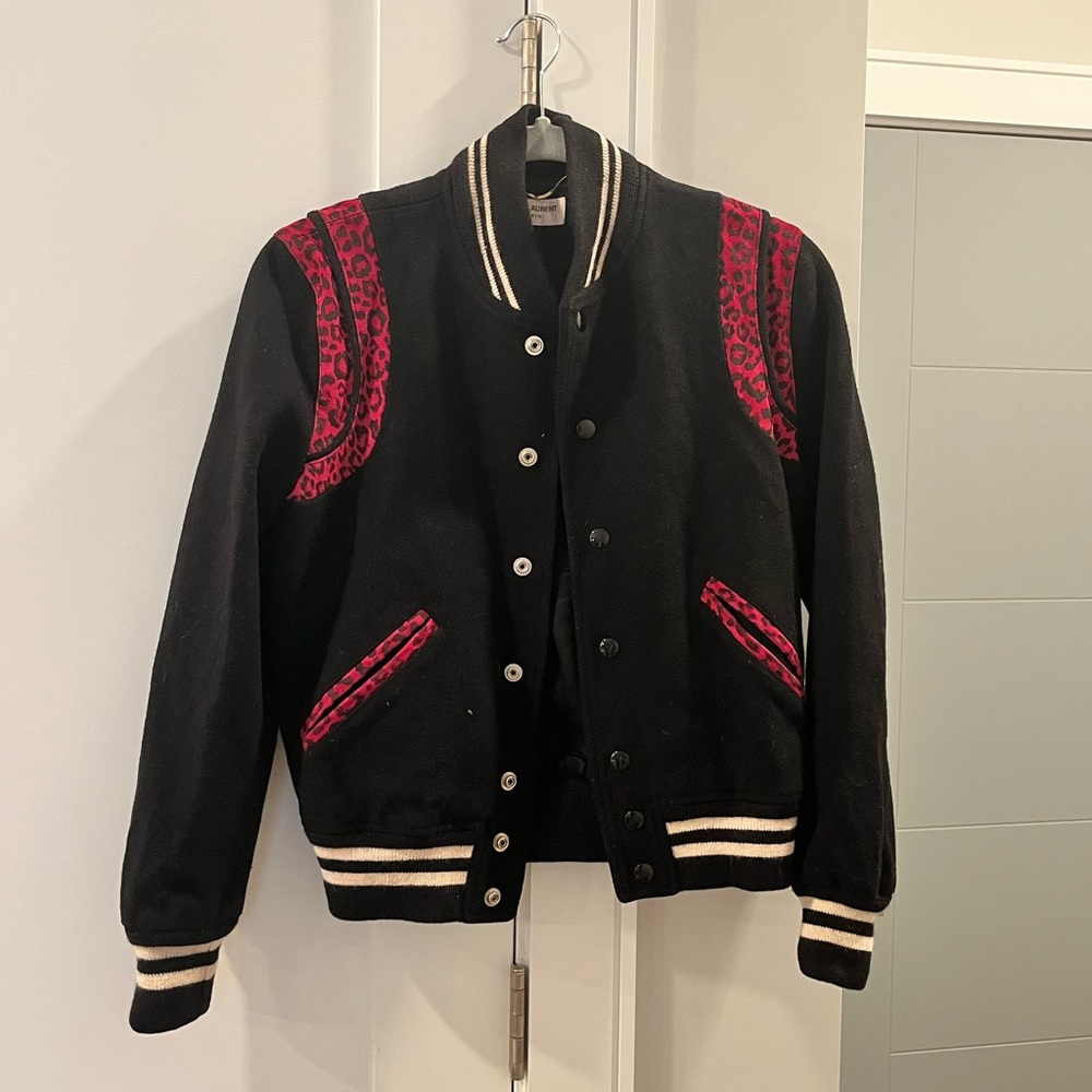 Saint Laurent Teddy Wool Jacket with Pink Leopard Stripes